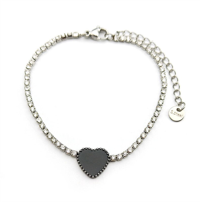 Fekete szív szerelmes karkötő női lányoknak fehér strasszok rozsdamentes acél ezüst színű elegáns parti kézi lánc ékszerek
