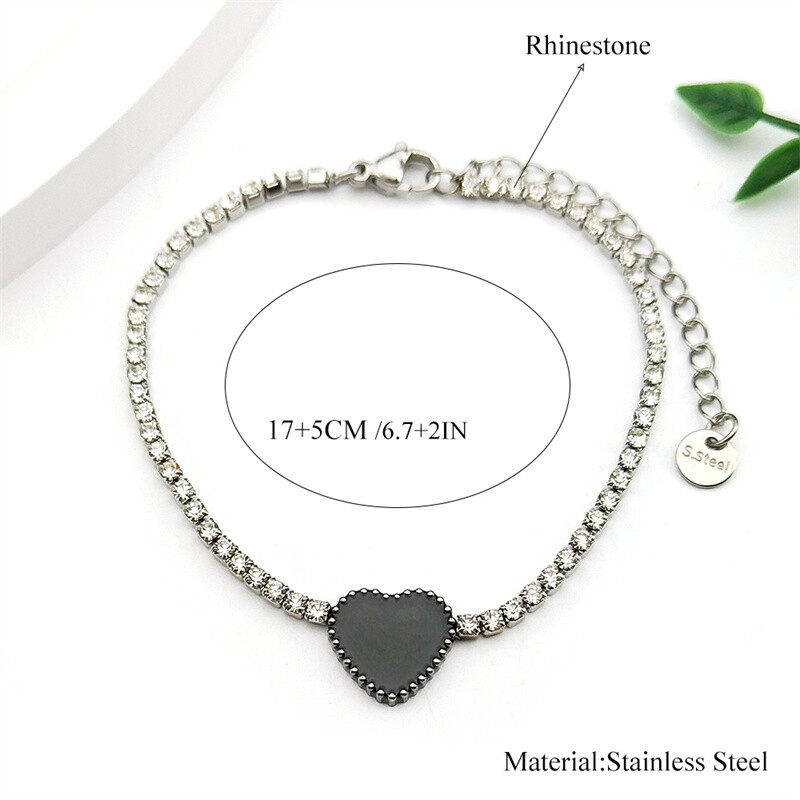 Fekete szív szerelmes karkötő női lányoknak fehér strasszok rozsdamentes acél ezüst színű elegáns parti kézi lánc ékszerek