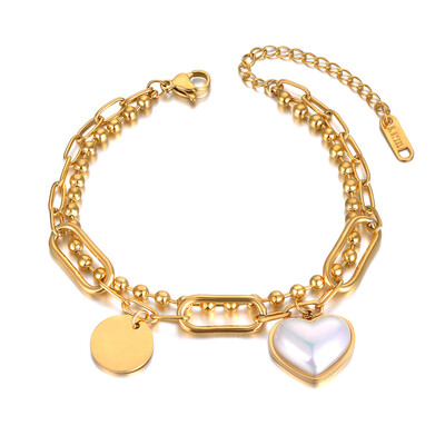 Brățări Lokaer din oțel inoxidabil din titan, cu două straturi, brățări cu lanț pentru femei, brățară cu farmec cu inimă de perle albe de modă B21125