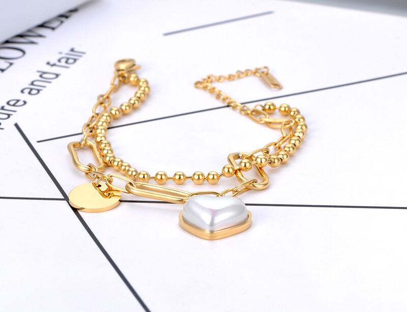 Brățări Lokaer din oțel inoxidabil din titan, cu două straturi, brățări cu lanț pentru femei, brățară cu farmec cu inimă de perle albe de modă B21125