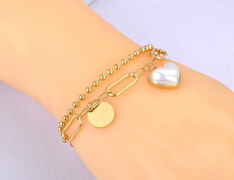 Brățări Lokaer din oțel inoxidabil din titan, cu două straturi, brățări cu lanț pentru femei, brățară cu farmec cu inimă de perle albe de modă B21125