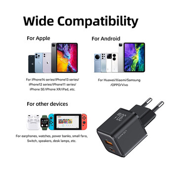 USAMS Dual USB Fast Charger 30W Type C PD Quick Charge 3.0 Phone Charge for iPhone 15 14 13 12 11 Pro Max Xiaomi Samsung Tablet