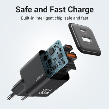 USAMS Dual USB Fast Charger 30W Type C PD Quick Charge 3.0 Phone Charge for iPhone 15 14 13 12 11 Pro Max Xiaomi Samsung Tablet