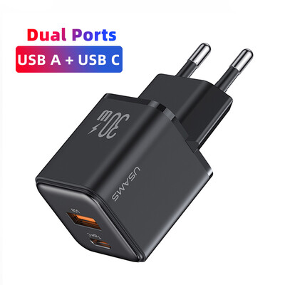 USAMS Dual USB Fast Charger 30W Type C PD Quick Charge 3.0 Phone Charge for iPhone 15 14 13 12 11 Pro Max Xiaomi Samsung Tablet