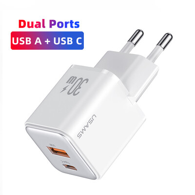 USAMS Dual USB Fast Charger 30W Type C PD Quick Charge 3.0 Phone Charge for iPhone 15 14 13 12 11 Pro Max Xiaomi Samsung Tablet