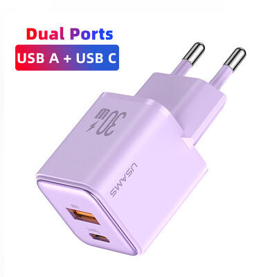 USAMS Dual USB Fast Charger 30W Type C PD Quick Charge 3.0 Phone Charge for iPhone 15 14 13 12 11 Pro Max Xiaomi Samsung Tablet