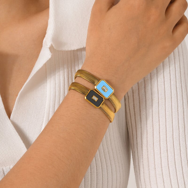 Brățări din oțel inoxidabil Lanț plat de șarpe Zircon Negru Brățară marca Beifang pentru femei Bijuterii de modă de culoare aurie Cadouri zilnice