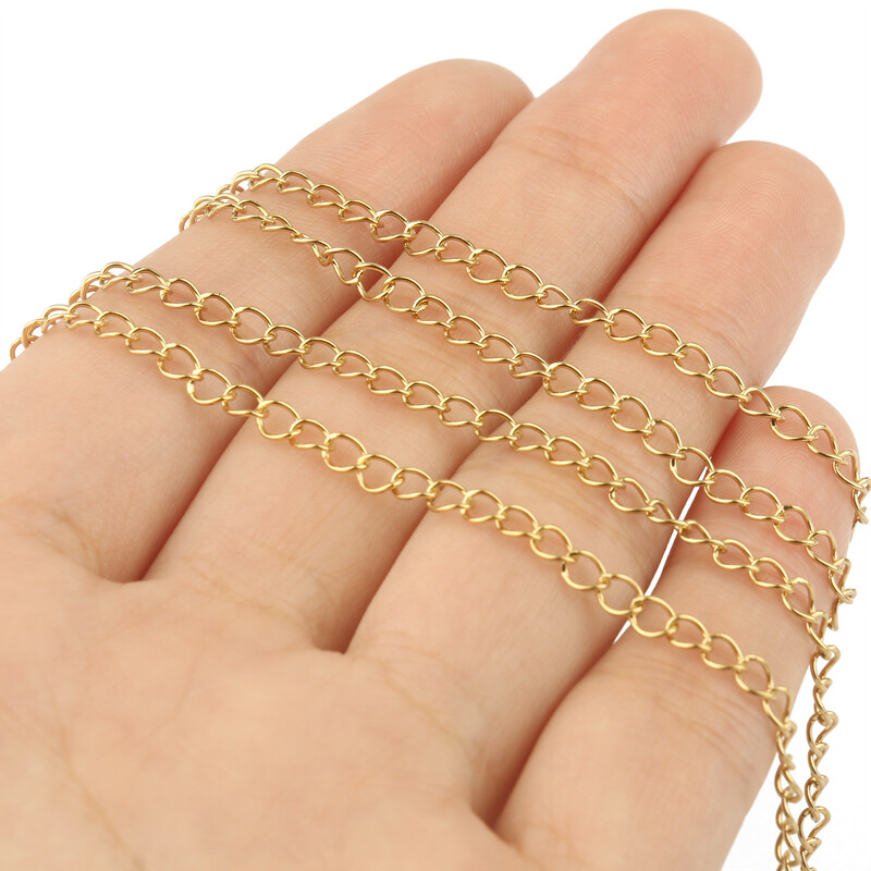 2 metrai / aikštelė 1 mm 1,5 mm 2 mm 2,5 mm 3 x 4 mm nerūdijančio plieno grandinėlė Plieninė aukso spalvos „pasidaryk pats“ grandinėlė, skirta apyrankėms, karolių papuošalams gaminti