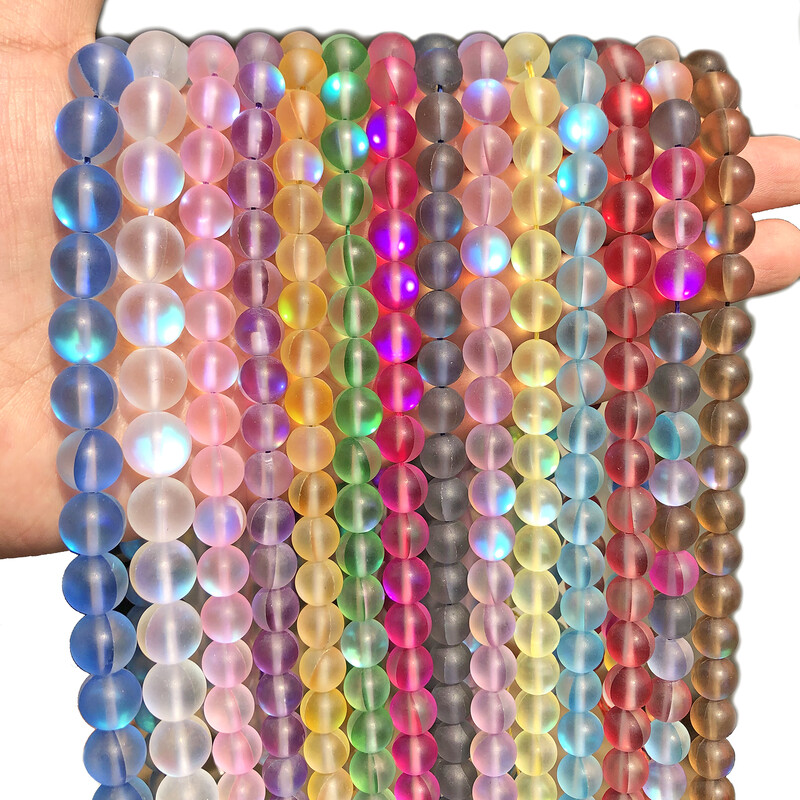 Matt kristály üveggyöngyök matt Holdkő villogó csillogó, kerek laza gyöngy ékszerkészítéshez barkácsolás nyaklánc karkötő 15''