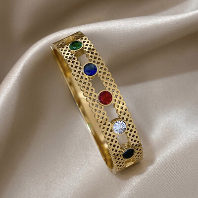 AENSOA 316L rozsdamentes acél karkötők 2023 nyári forró arany színű szivárvány színes cirkónia CZ nyitott karkötő karkötő