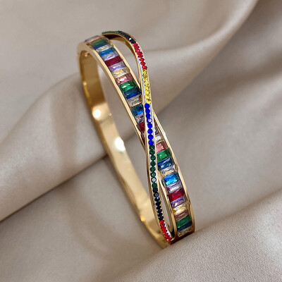 AENSOA 316L rozsdamentes acél karkötők 2023 nyári forró arany színű szivárvány színes cirkónia CZ nyitott karkötő karkötő