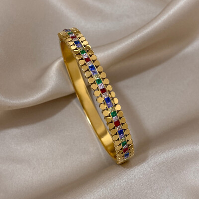 AENSOA 316L rozsdamentes acél karkötők 2023 nyári forró arany színű szivárvány színes cirkónia CZ nyitott karkötő karkötő