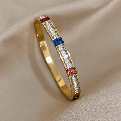 AENSOA 316L rozsdamentes acél karkötők 2023 nyári forró arany színű szivárvány színes cirkónia CZ nyitott karkötő karkötő