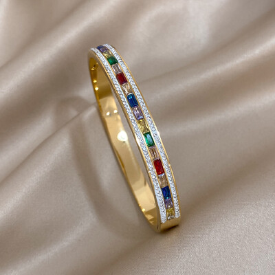 AENSOA 316L rozsdamentes acél karkötők 2023 nyári forró arany színű szivárvány színes cirkónia CZ nyitott karkötő karkötő