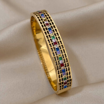 AENSOA 316L rozsdamentes acél karkötők 2023 nyári forró arany színű szivárvány színes cirkónia CZ nyitott karkötő karkötő