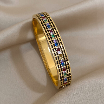 AENSOA 316L rozsdamentes acél karkötők 2023 nyári forró arany színű szivárvány színes cirkónia CZ nyitott karkötő karkötő