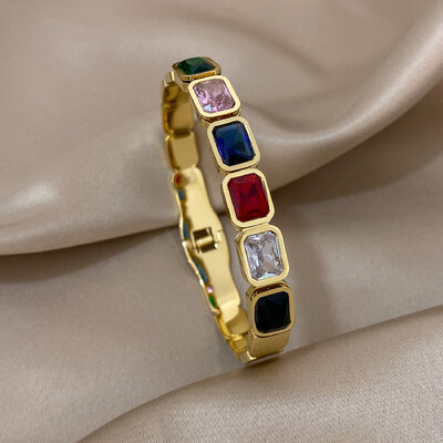 AENSOA 316L rozsdamentes acél karkötők 2023 nyári forró arany színű szivárvány színes cirkónia CZ nyitott karkötő karkötő