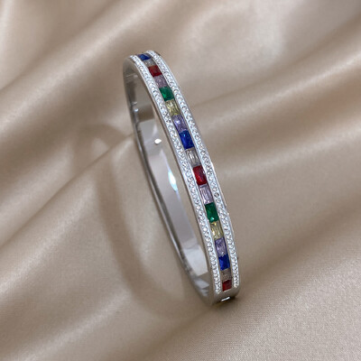 AENSOA 316L rozsdamentes acél karkötők 2023 nyári forró arany színű szivárvány színes cirkónia CZ nyitott karkötő karkötő