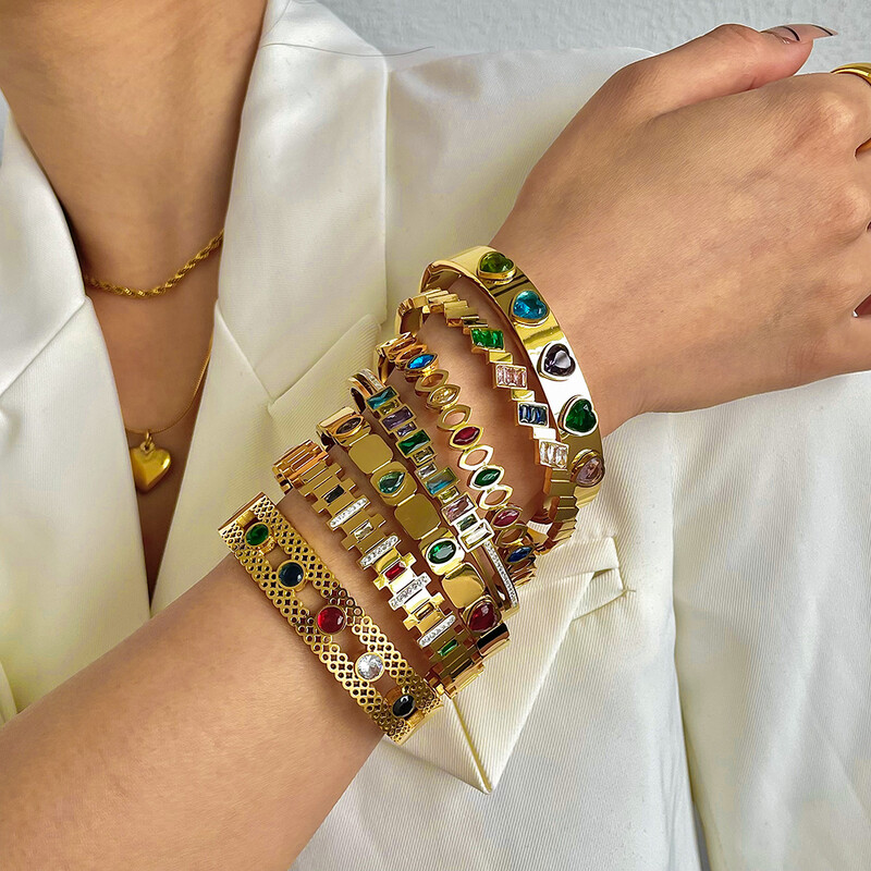 AENSOA 316L rozsdamentes acél karkötők 2023 nyári forró arany színű szivárvány színes cirkónia CZ nyitott karkötő karkötő