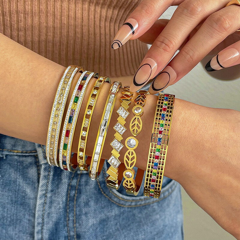 AENSOA 316L rozsdamentes acél karkötők 2023 nyári forró arany színű szivárvány színes cirkónia CZ nyitott karkötő karkötő