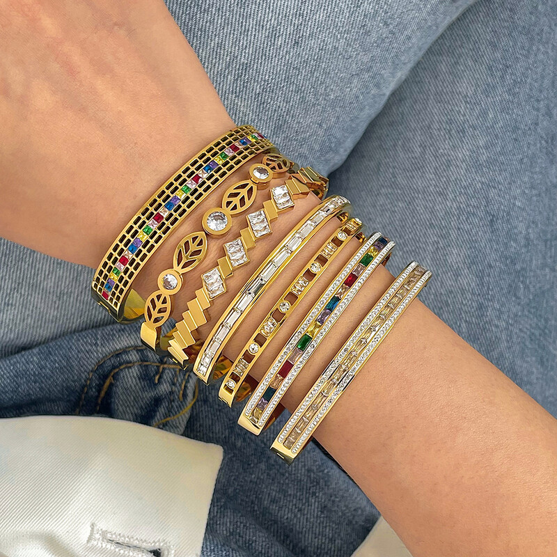 AENSOA 316L rozsdamentes acél karkötők 2023 nyári forró arany színű szivárvány színes cirkónia CZ nyitott karkötő karkötő