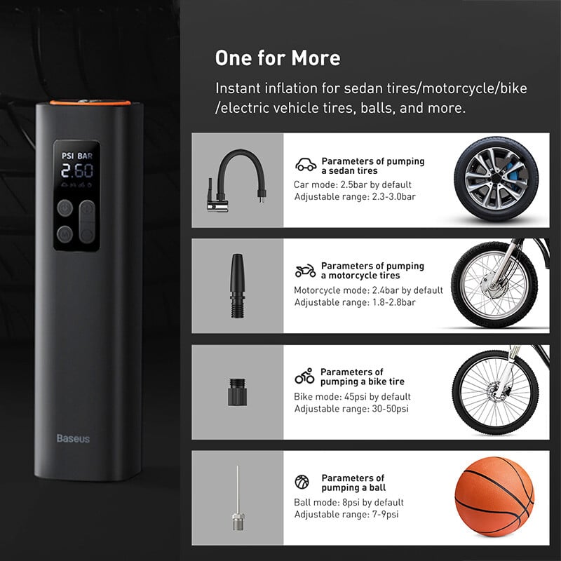 Baseus pumpa za napuhavanje 12V prijenosni zračni kompresor za automobile za motocikle, bicikle i čamce, pumpa za napuhavanje guma, digitalna automatska zračna pumpa za napuhavanje