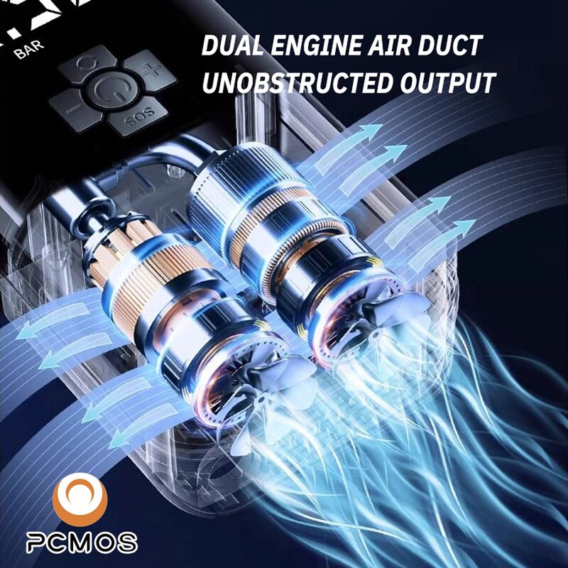PCMOS 1 set de pompă de umflare montată pe mașină, portabilă fără fir pentru anvelope de automobile, sedan electrică, pompă de mare putere și presiune