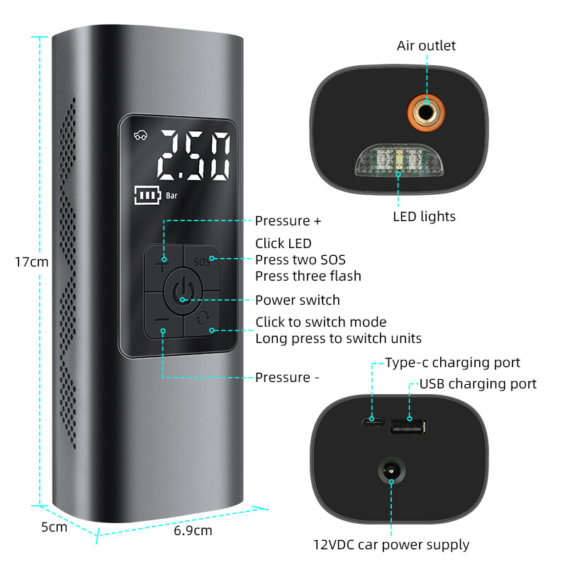 Vtopek Mini vezeték nélküli autós légkompresszor légszivattyú autóhoz, motorkerékpárhoz, golyókhoz, gumiabroncsnyomás-figyelőhöz, SOS mentési fénykijelzőhöz