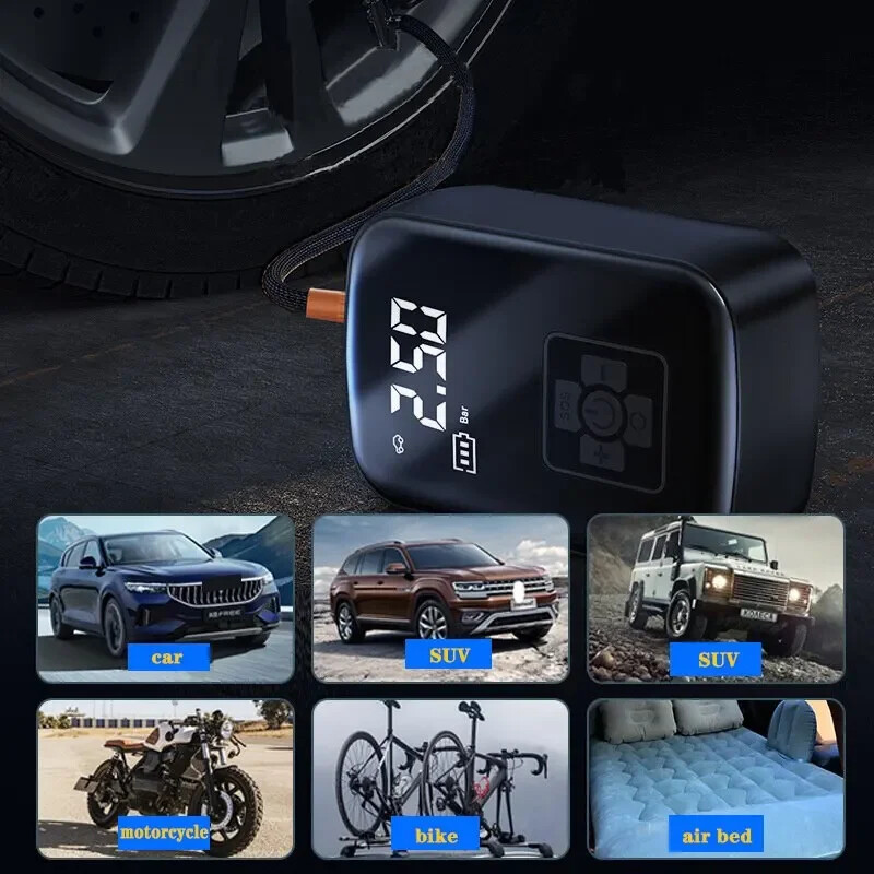 Bezdrôtový elektrický automobilový kompresor na pneumatiky pre motocykel, bicykel, loď, auto, gule na pneumatiky