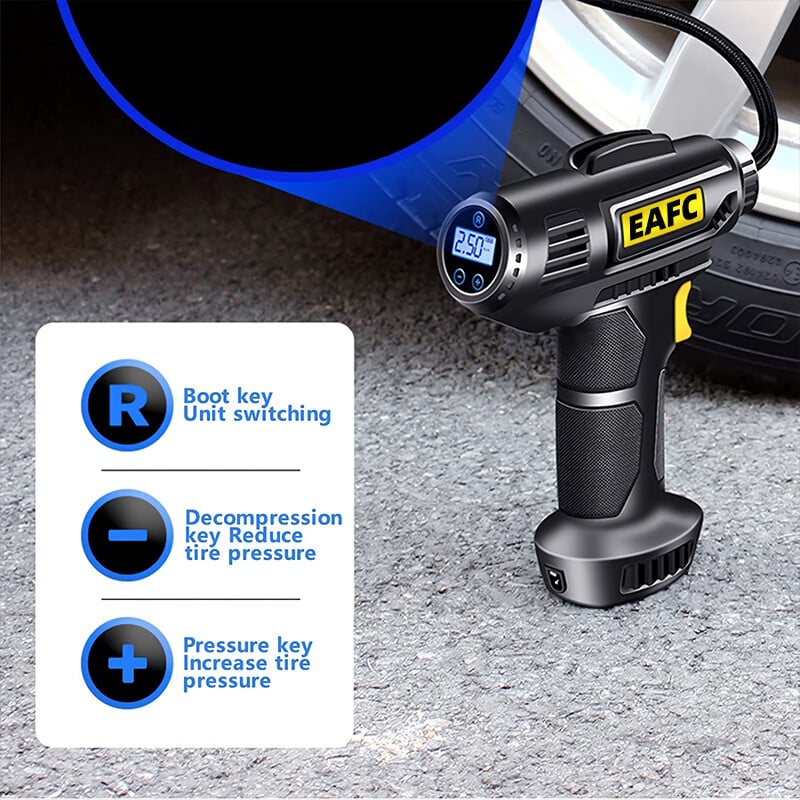 Kompresor EAFC pre autá 150PSI s batériou, prenosný nafukovač pneumatík pre autá, motocykle a bicykle, elektrické