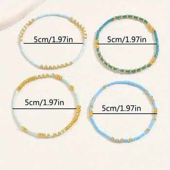 4 PCS Комплект разтегливи гривни от тюркоазен цвят Seedbeads Bohemia Gold Color Glassbeads Еластични ръчно изработени ваканционни бижута за момичета