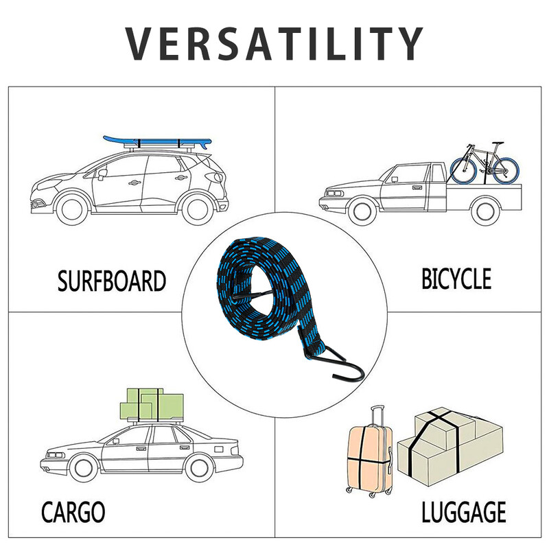 5 vnt. elastinės gumos virvelės su kabliu, sunkiu bagažo guminiu dirželiu, neslystančia plokščia elastinga lyne, skirta motociklų dviračiams Movin