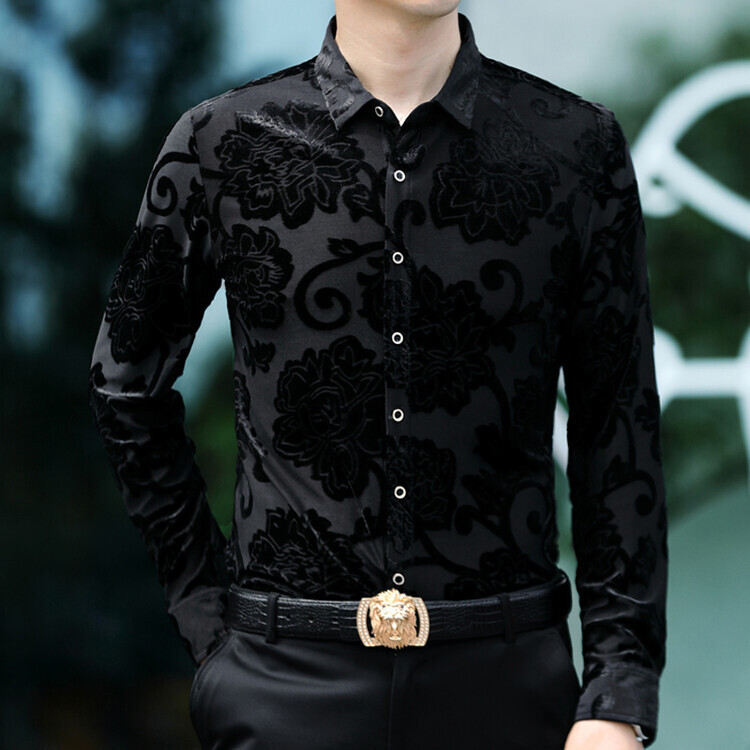 Tavaszi és őszi férfi hosszú ujjú arany bársony ing Jacquard sárkány mintás alkalmi ing apa felső mellény