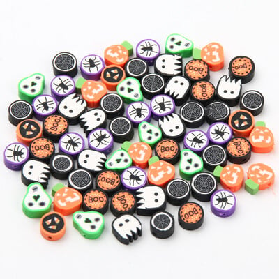 Zmiešané halloweenske korálky z polymérovej hliny, ručne vyrobené ploché, voľne rozmiestnené, pre deti, výroba šperkov, DIY náramok, náhrdelník, príslušenstvo, 20-100 ks
