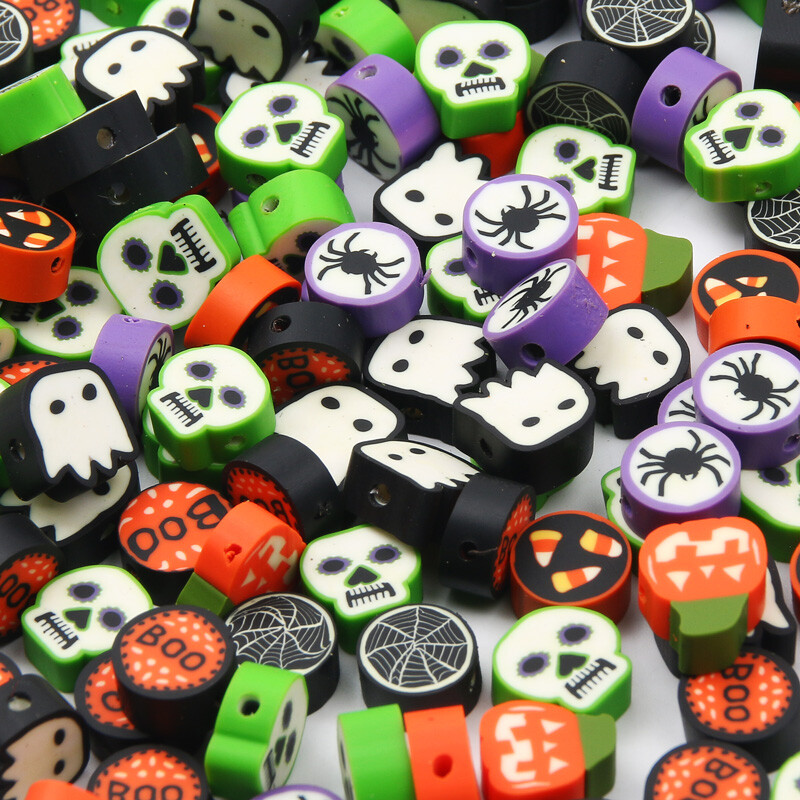 Zmiešané halloweenske korálky z polymérovej hliny, ručne vyrobené ploché, voľne rozmiestnené, pre deti, výroba šperkov, DIY náramok, náhrdelník, príslušenstvo, 20-100 ks