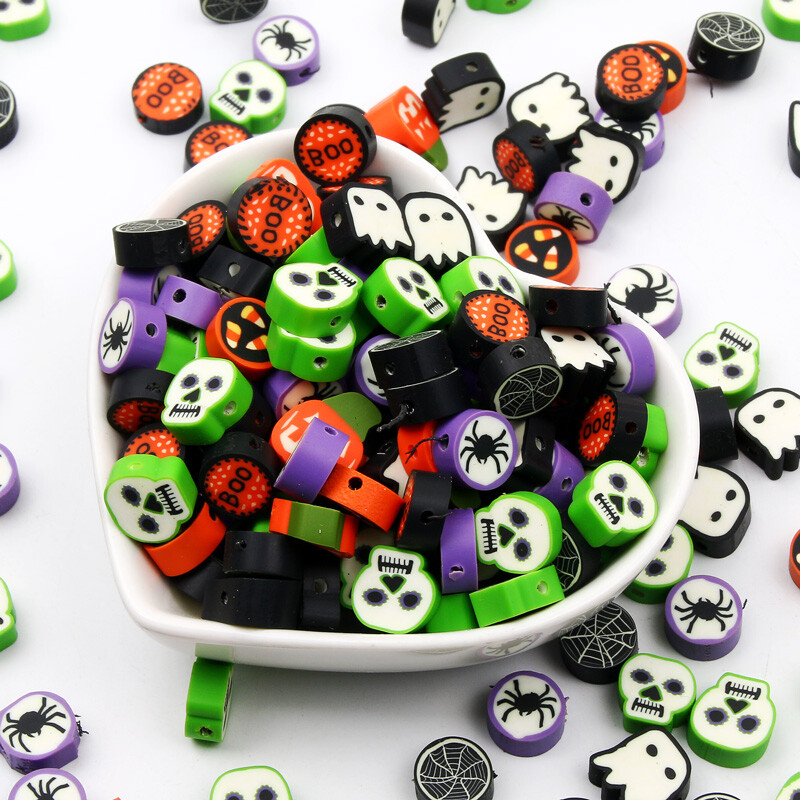 Zmiešané halloweenske korálky z polymérovej hliny, ručne vyrobené ploché, voľne rozmiestnené, pre deti, výroba šperkov, DIY náramok, náhrdelník, príslušenstvo, 20-100 ks
