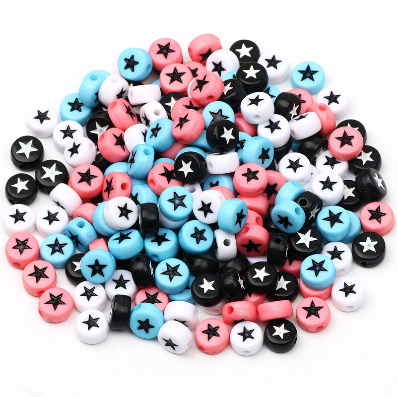 Επίπεδες στρογγυλές 4x7 χιλιοστά 100-500 τμχ Ακρυλικές χάντρες Λευκές μαύρες χρωματιστές χάντρες με μοτίβο αστεριών για κοσμήματα που κατασκευάζουν DIY Αξεσουάρ κοσμημάτων με χάντρες