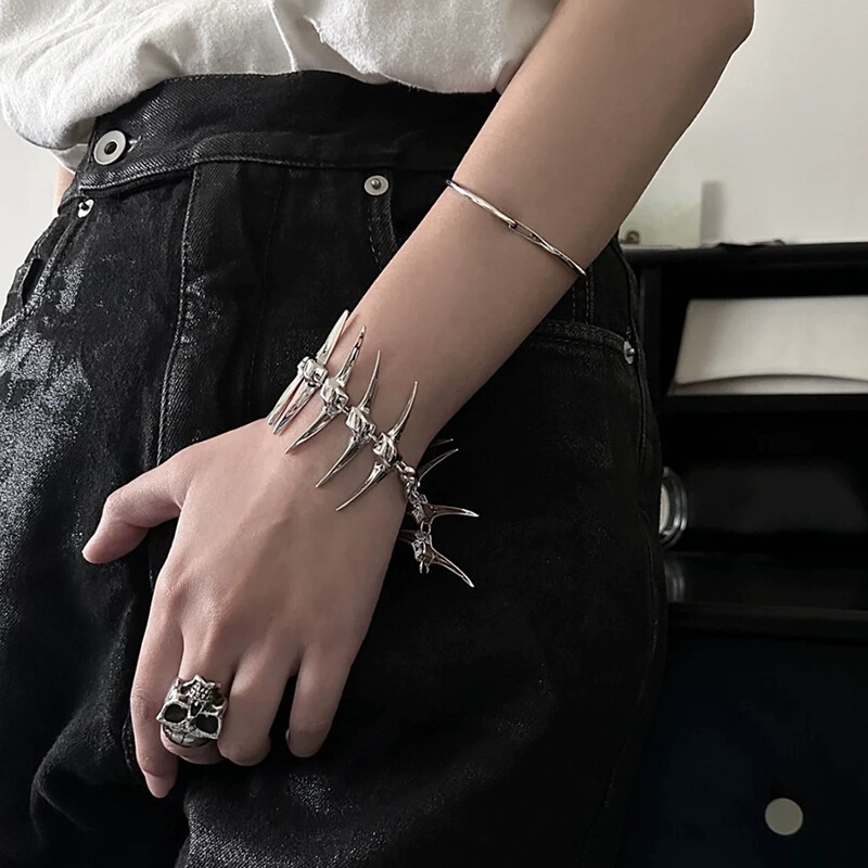 Cyberpunk Strieborný Thorny Spine Fishbone Náramok Gothic Hip Hop Unisex Kovový reťazec Náramok Pár Choker Šperky Doplnky