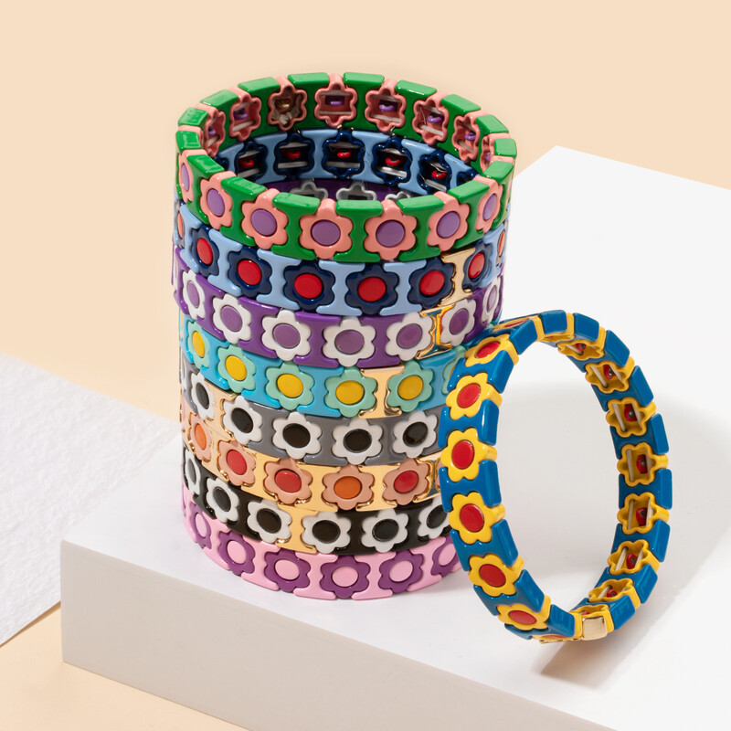 Új dizájn színes virágos varázslatok karperec nőknek kézzel készített bohém elasztikus virág karkötők fém gyöngyök ékszerek