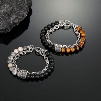 1 PC Fashion Punk Frosted Stone Chain Geometric Double Layer Wear High Sense Trend All-Match Beaded βραχιόλι