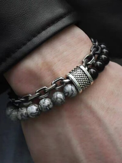 1 kus Punk Simple Temperament Black Beaded Chain s prírodným kameňom korálkové náramky PÁNSKE MÓDNE predmety Dovolenka Cestovanie