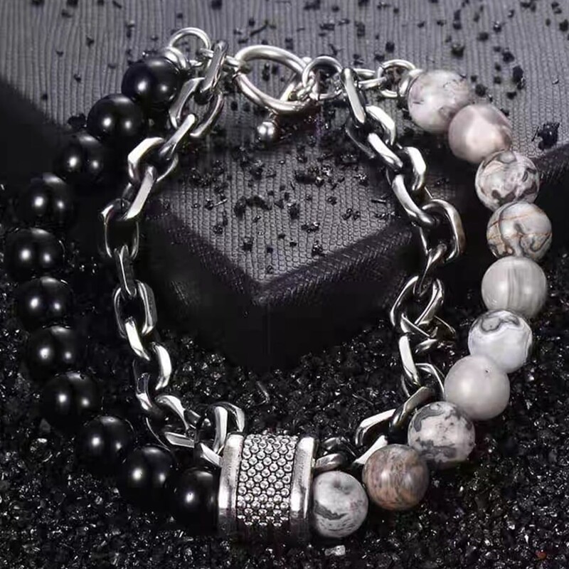 1 kus Punk Simple Temperament Black Beaded Chain s prírodným kameňom korálkové náramky PÁNSKE MÓDNE predmety Dovolenka Cestovanie