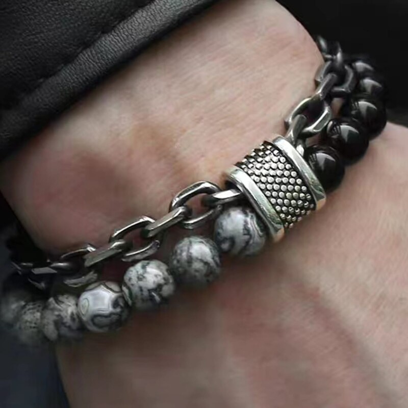 1 kus Punk Simple Temperament Black Beaded Chain s prírodným kameňom korálkové náramky PÁNSKE MÓDNE predmety Dovolenka Cestovanie