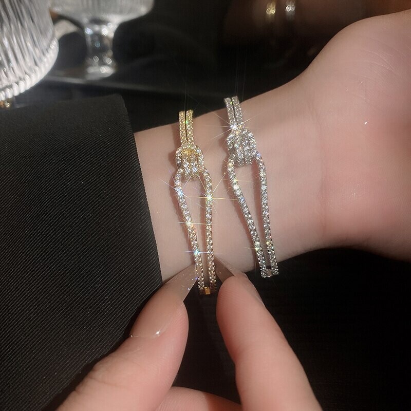 Vynikajúce náramky s plným zirkónom, pozlátené, medené, s uzlom, otváracie, minimalistické, dámske, na svadobnú hostinu
