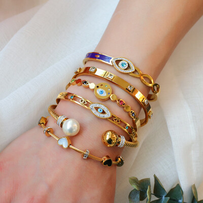 Vintage Lucky Evil Eye Βραχιόλια από ανοξείδωτο ατσάλι Καλοκαιρινή πεταλούδα Καρδιά Μαργαριτάρι μανσέτα Γυναικεία δήλωση Δώρο κοσμήματα βραχιόλια
