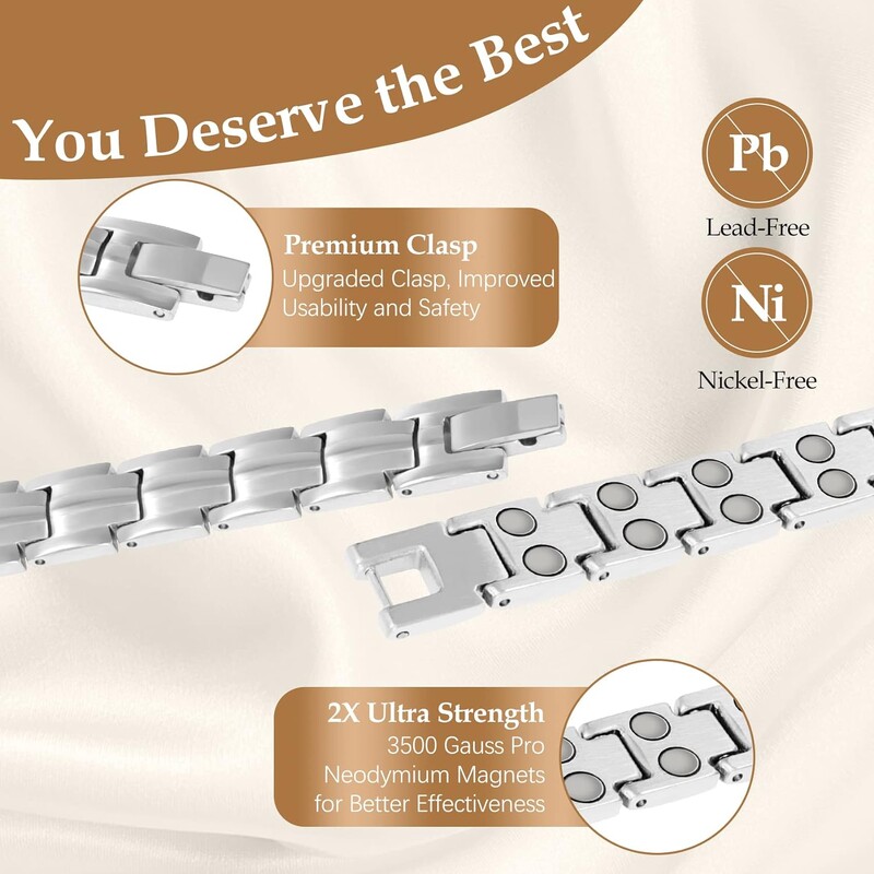 ARADOO Brățări de terapie magnetică din oțel titan 2X Magneți de neodim ultra rezistenți Brățară cu legături pentru femei