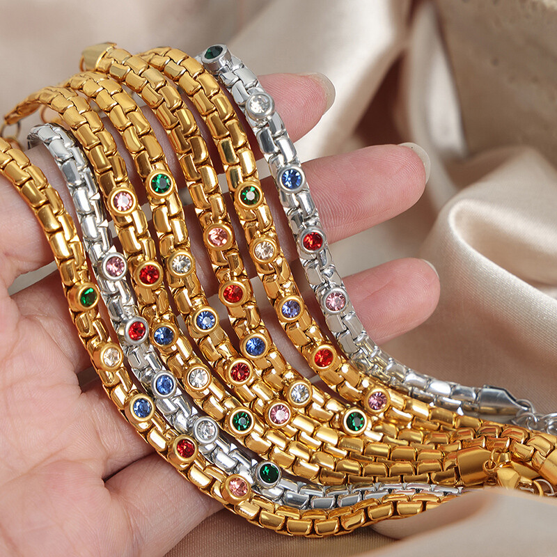 Brățări cu lanț de zale din oțel inoxidabil 316L pentru femei bărbați Brățări cu farmec din zircon colorate pentru femei, brățări, bijuterii de nuntă, cadouri