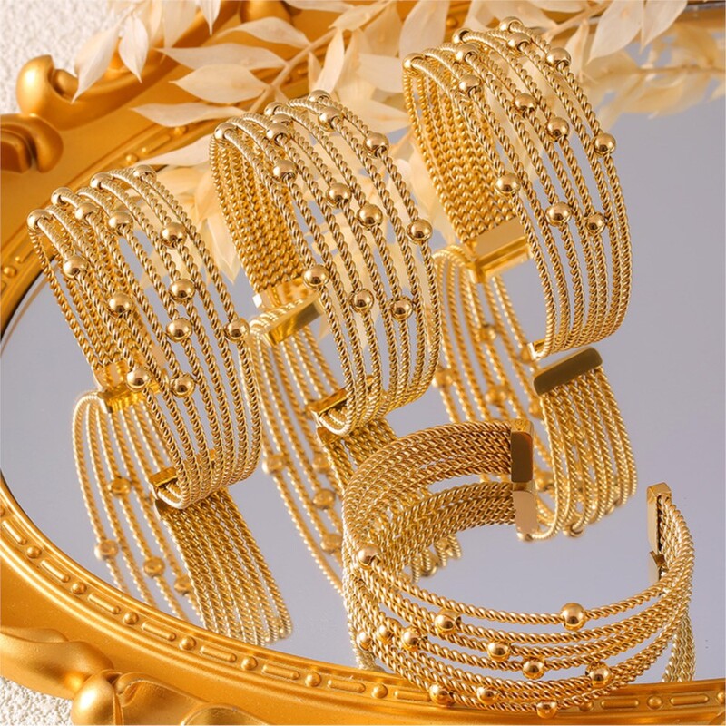 Brățări noi cu manșetă cu mai multe straturi pentru femei, din oțel inoxidabil, cu margele, brățară rotundă placată cu aur, brățări pentru femei, cadou de bijuterii