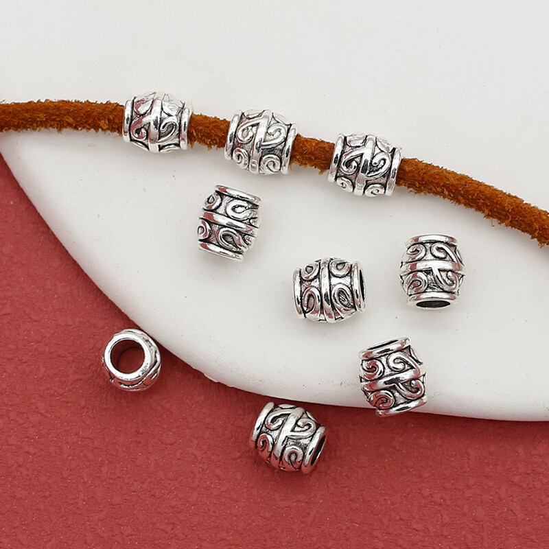 20 ks/lot Retro tibetské strieborné vzorované vedrové korálky 7,5x7 mm s veľkým otvorom, korálky na náramky, vlasy/brady, DIY šperky