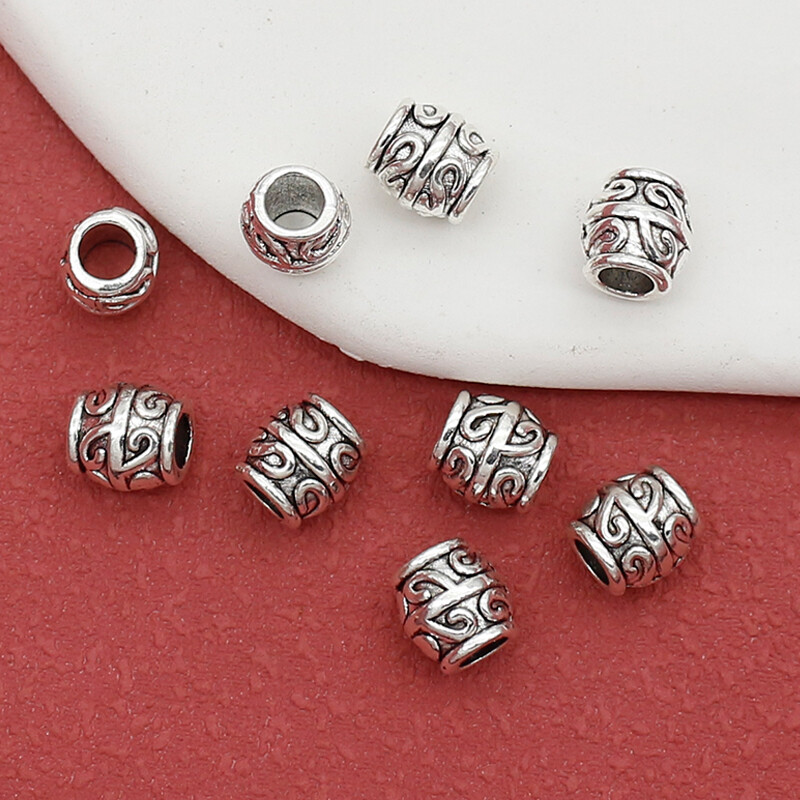 20 ks/lot Retro tibetské strieborné vzorované vedrové korálky 7,5x7 mm s veľkým otvorom, korálky na náramky, vlasy/brady, DIY šperky